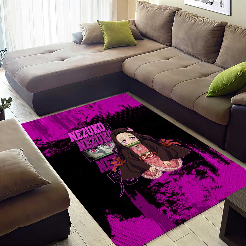 Nezuko Kamado Demon Slayer Pink Grunge Design Area Rug with Fierce Eyes and Cute Sitting Pose - The Mazicc