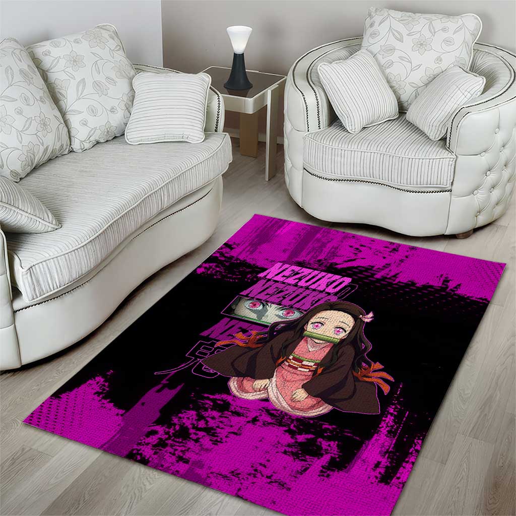 Nezuko Kamado Demon Slayer Pink Grunge Design Area Rug with Fierce Eyes and Cute Sitting Pose - The Mazicc