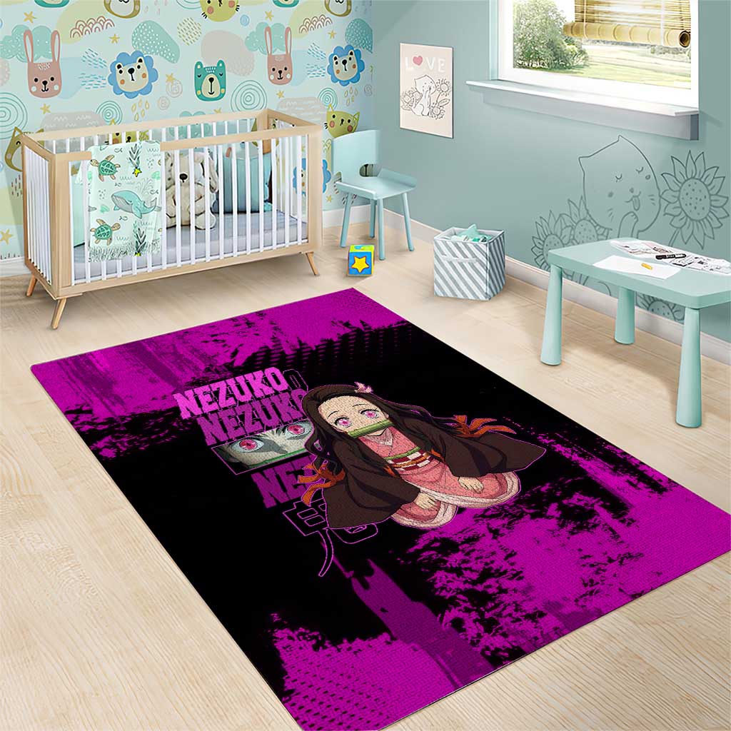 Nezuko Kamado Demon Slayer Pink Grunge Design Area Rug with Fierce Eyes and Cute Sitting Pose - The Mazicc