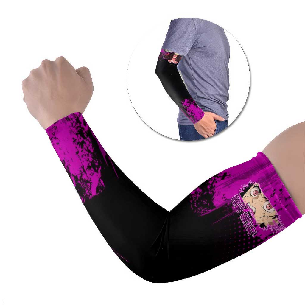 Nezuko Kamado Demon Slayer Pink Grunge Design Arm Sleeves with Fierce Eyes and Cute Sitting Pose - The Mazicc
