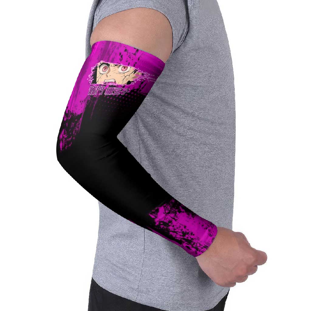 Nezuko Kamado Demon Slayer Pink Grunge Design Arm Sleeves with Fierce Eyes and Cute Sitting Pose - The Mazicc