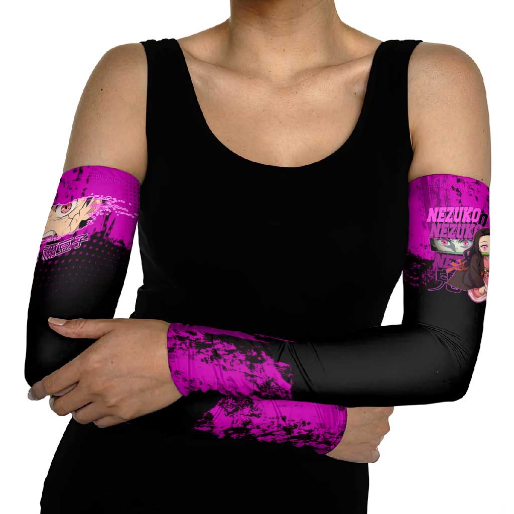 Nezuko Kamado Demon Slayer Pink Grunge Design Arm Sleeves with Fierce Eyes and Cute Sitting Pose - The Mazicc