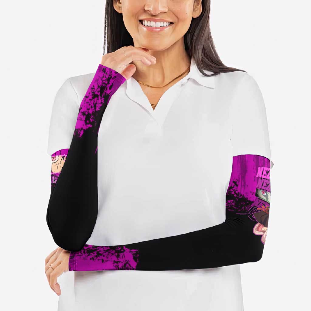 Nezuko Kamado Demon Slayer Pink Grunge Design Arm Sleeves with Fierce Eyes and Cute Sitting Pose - The Mazicc