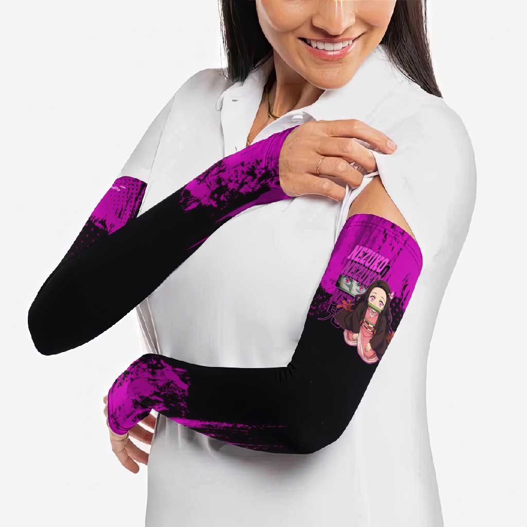Nezuko Kamado Demon Slayer Pink Grunge Design Arm Sleeves with Fierce Eyes and Cute Sitting Pose - The Mazicc