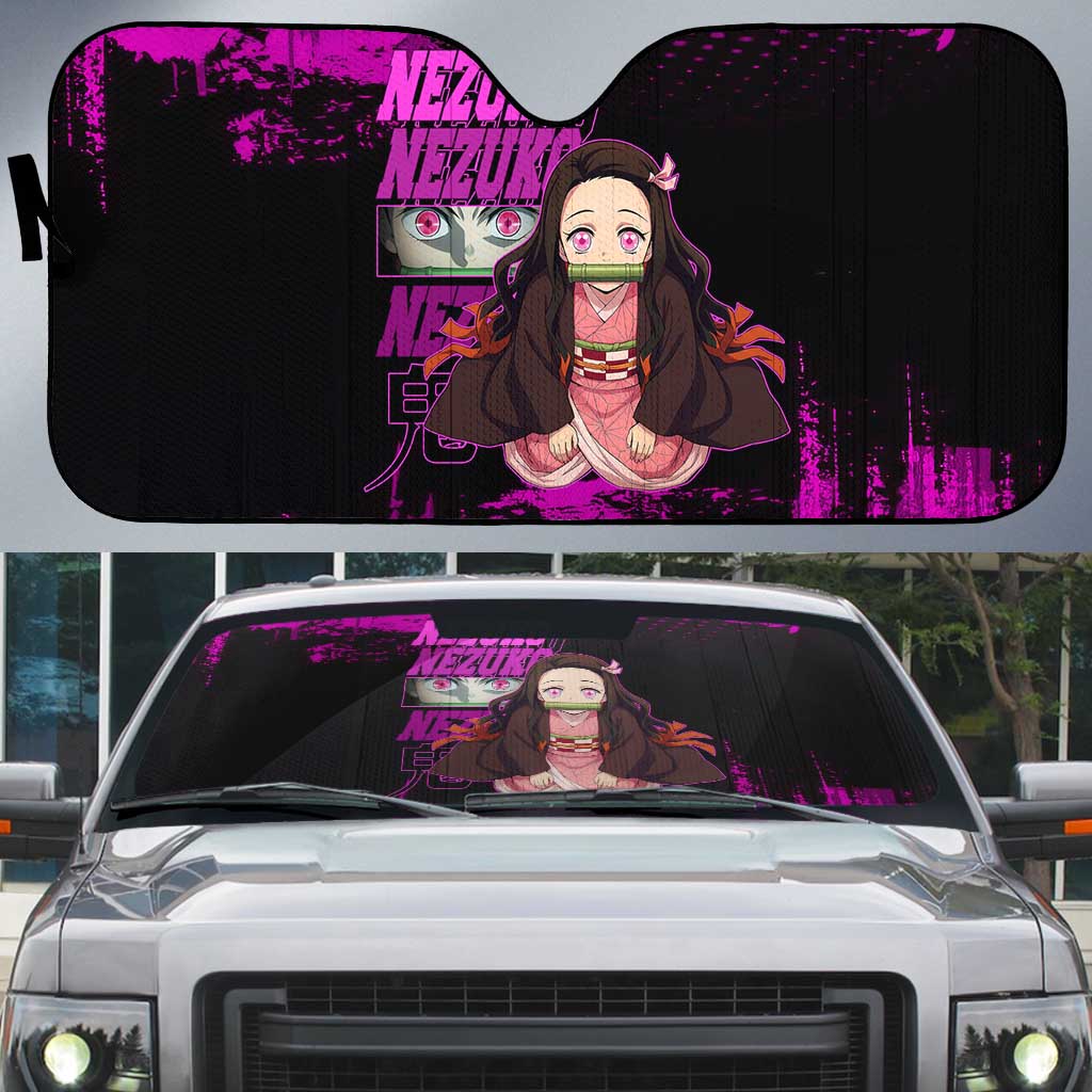 Nezuko Kamado Demon Slayer Pink Grunge Design Auto Sun Shade with Fierce Eyes and Cute Sitting Pose - The Mazicc