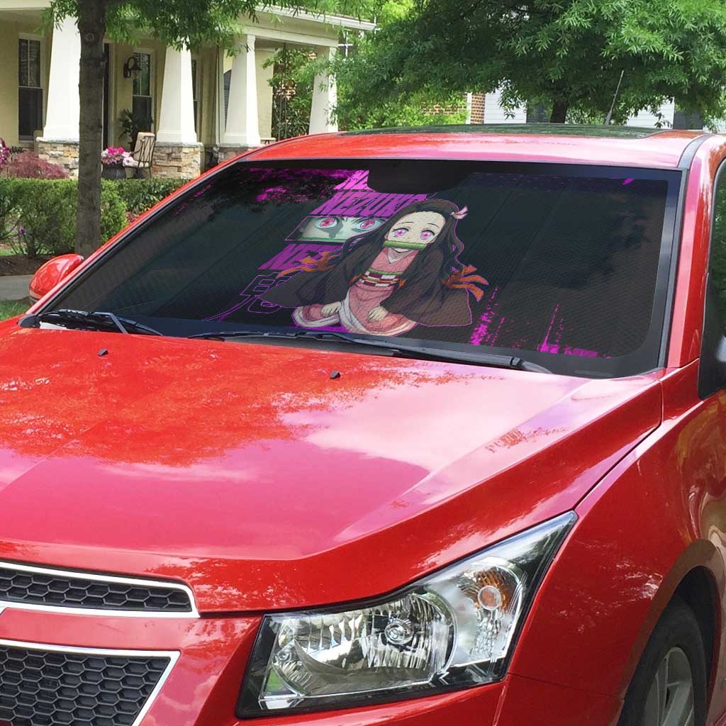 Nezuko Kamado Demon Slayer Pink Grunge Design Auto Sun Shade with Fierce Eyes and Cute Sitting Pose - The Mazicc