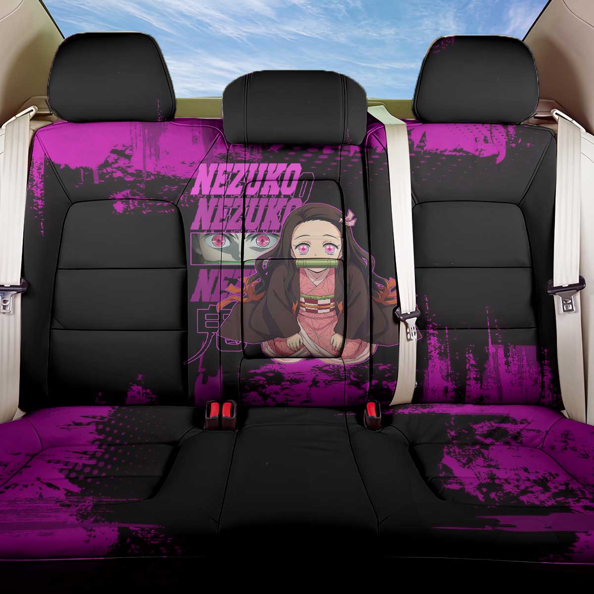 Nezuko Kamado Demon Slayer Pink Grunge Design Back Car Seat Cover with Fierce Eyes and Cute Sitting Pose - The Mazicc