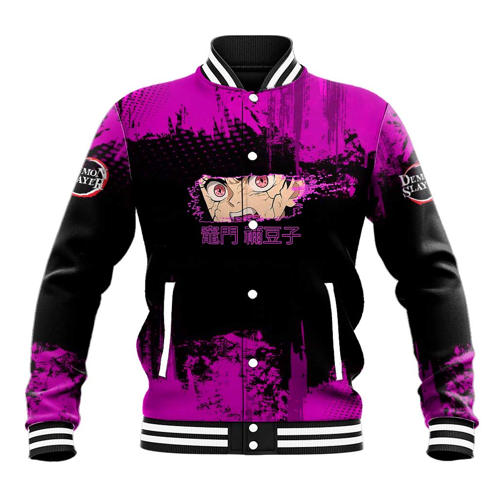 Nezuko Kamado Demon Slayer Pink Grunge Design Baseball Jacket with Fierce Eyes and Cute Sitting Pose - The Mazicc