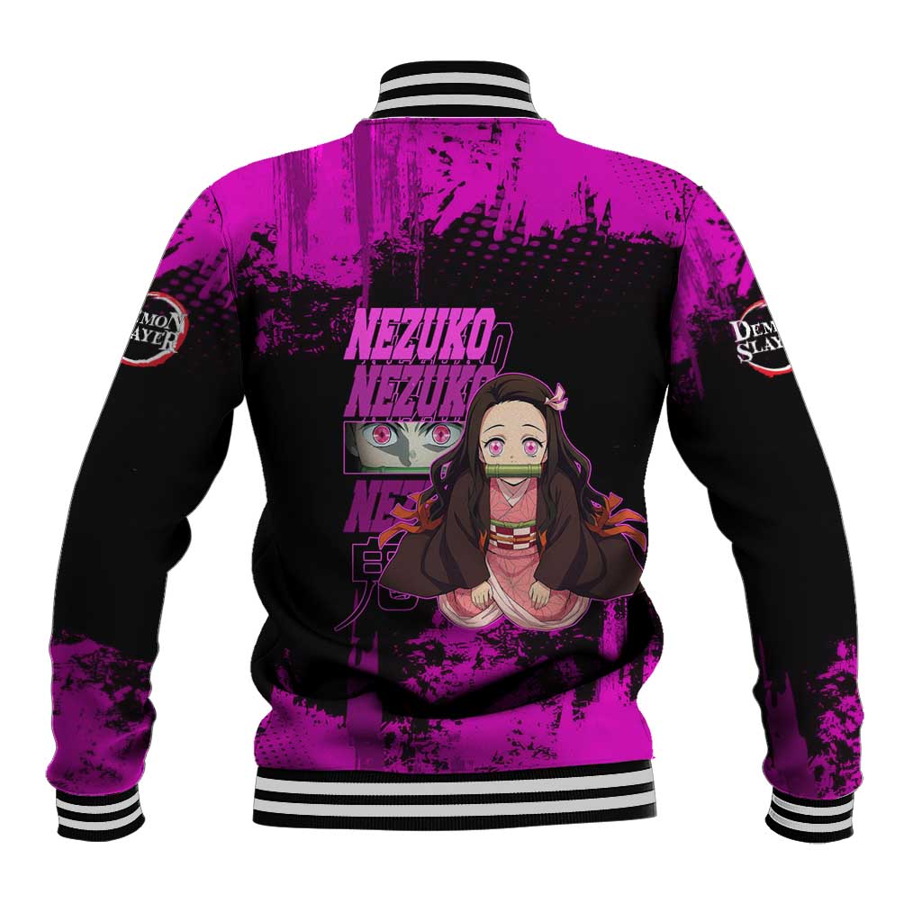 Nezuko Kamado Demon Slayer Pink Grunge Design Baseball Jacket with Fierce Eyes and Cute Sitting Pose - The Mazicc