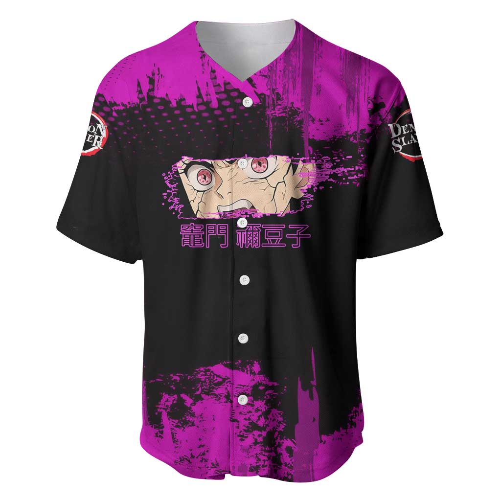 Nezuko Kamado Demon Slayer Pink Grunge Design Baseball Jersey with Fierce Eyes and Cute Sitting Pose - The Mazicc