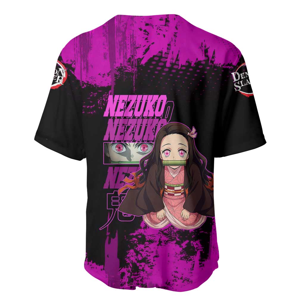Nezuko Kamado Demon Slayer Pink Grunge Design Baseball Jersey with Fierce Eyes and Cute Sitting Pose - The Mazicc