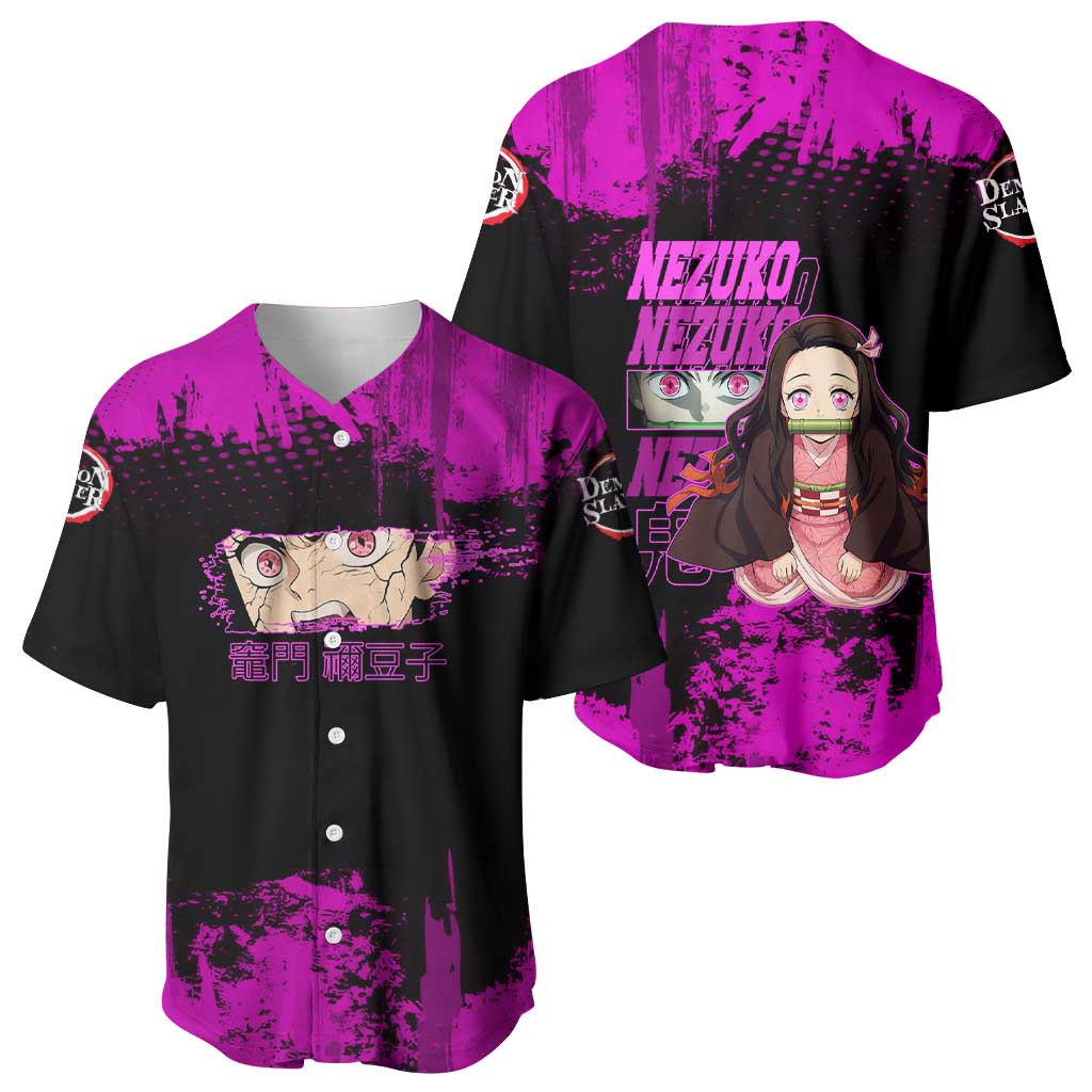 Nezuko Kamado Demon Slayer Pink Grunge Design Baseball Jersey with Fierce Eyes and Cute Sitting Pose - The Mazicc