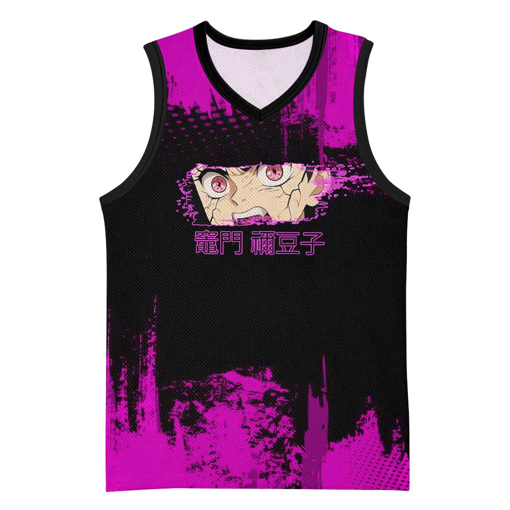 Nezuko Kamado Demon Slayer Pink Grunge Design Basketball Jersey with Fierce Eyes and Cute Sitting Pose - The Mazicc