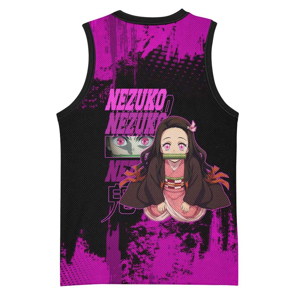 Nezuko Kamado Demon Slayer Pink Grunge Design Basketball Jersey with Fierce Eyes and Cute Sitting Pose - The Mazicc