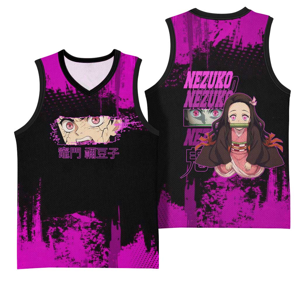 Nezuko Kamado Demon Slayer Pink Grunge Design Basketball Jersey with Fierce Eyes and Cute Sitting Pose - The Mazicc