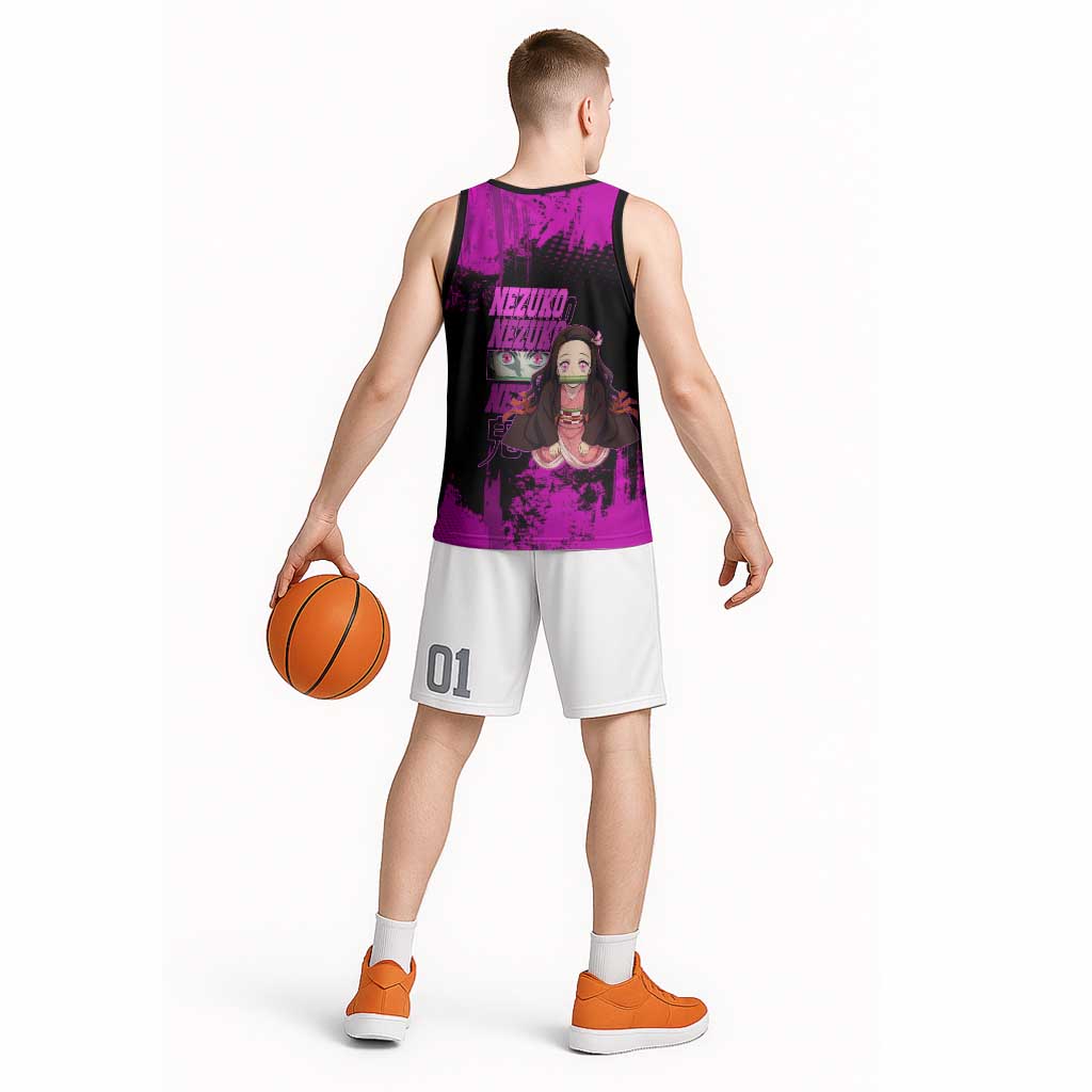 Nezuko Kamado Demon Slayer Pink Grunge Design Basketball Jersey with Fierce Eyes and Cute Sitting Pose - The Mazicc