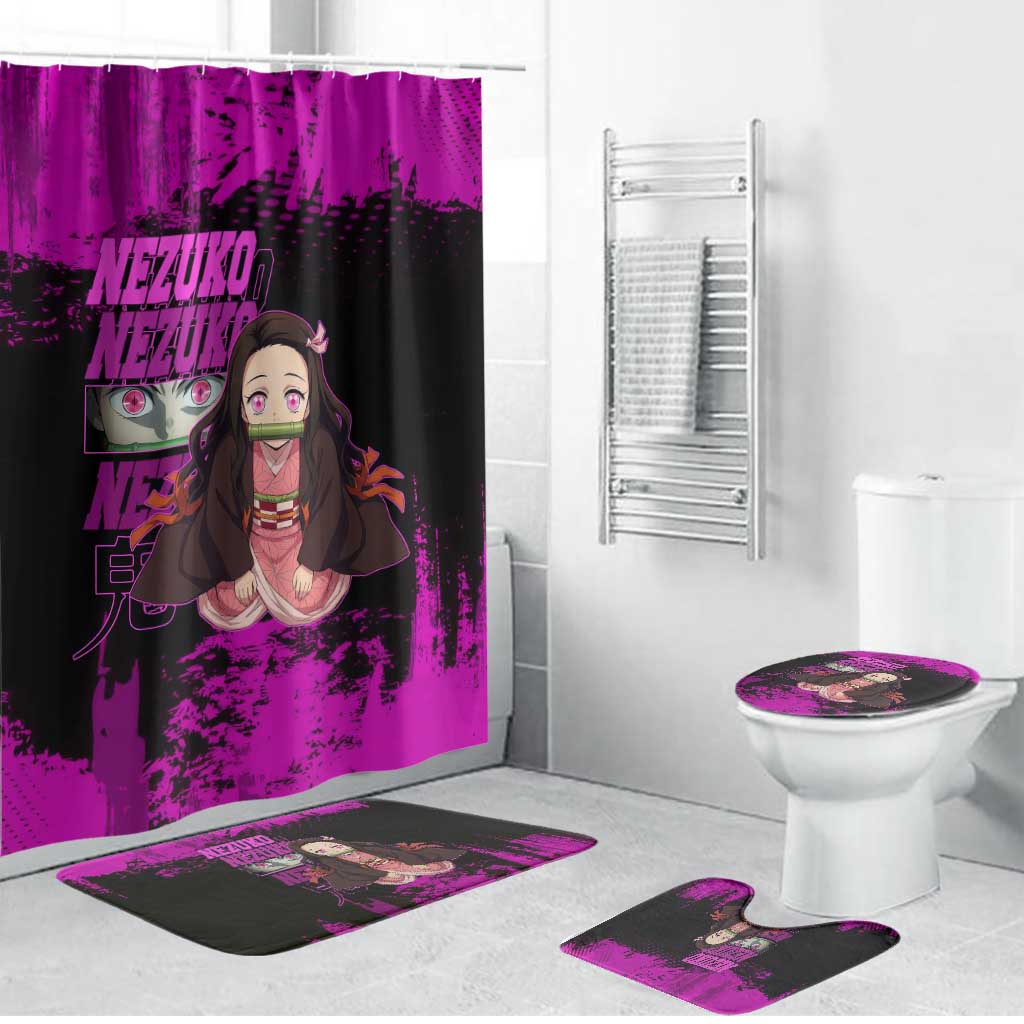Nezuko Kamado Demon Slayer Pink Grunge Design Bathroom Set with Fierce Eyes and Cute Sitting Pose - The Mazicc