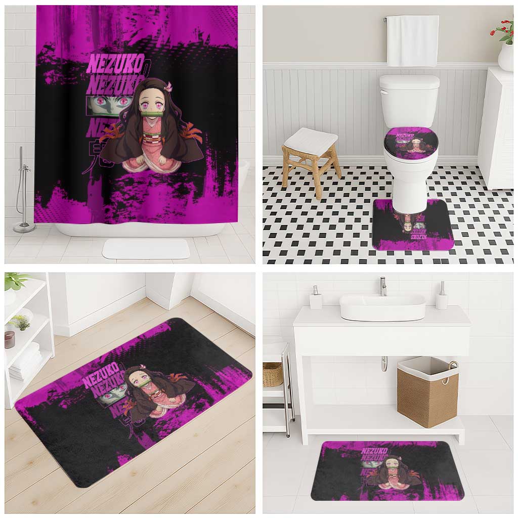 Nezuko Kamado Demon Slayer Pink Grunge Design Bathroom Set with Fierce Eyes and Cute Sitting Pose - The Mazicc