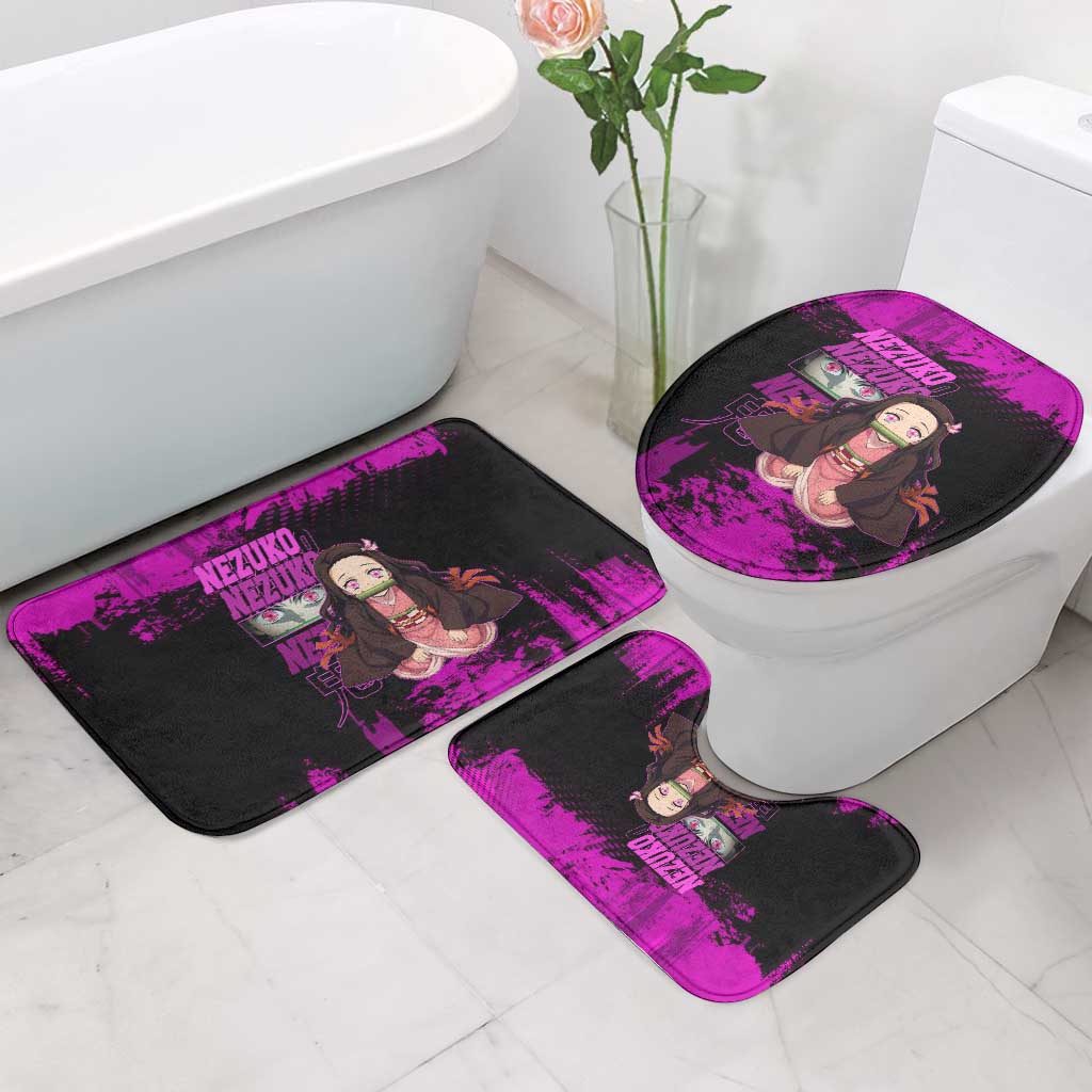 Nezuko Kamado Demon Slayer Pink Grunge Design Bathroom Set with Fierce Eyes and Cute Sitting Pose - The Mazicc