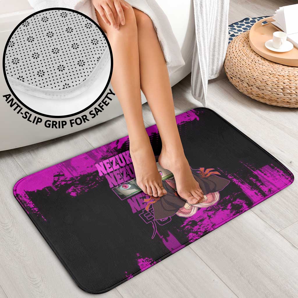 Nezuko Kamado Demon Slayer Pink Grunge Design Bathroom Set with Fierce Eyes and Cute Sitting Pose - The Mazicc