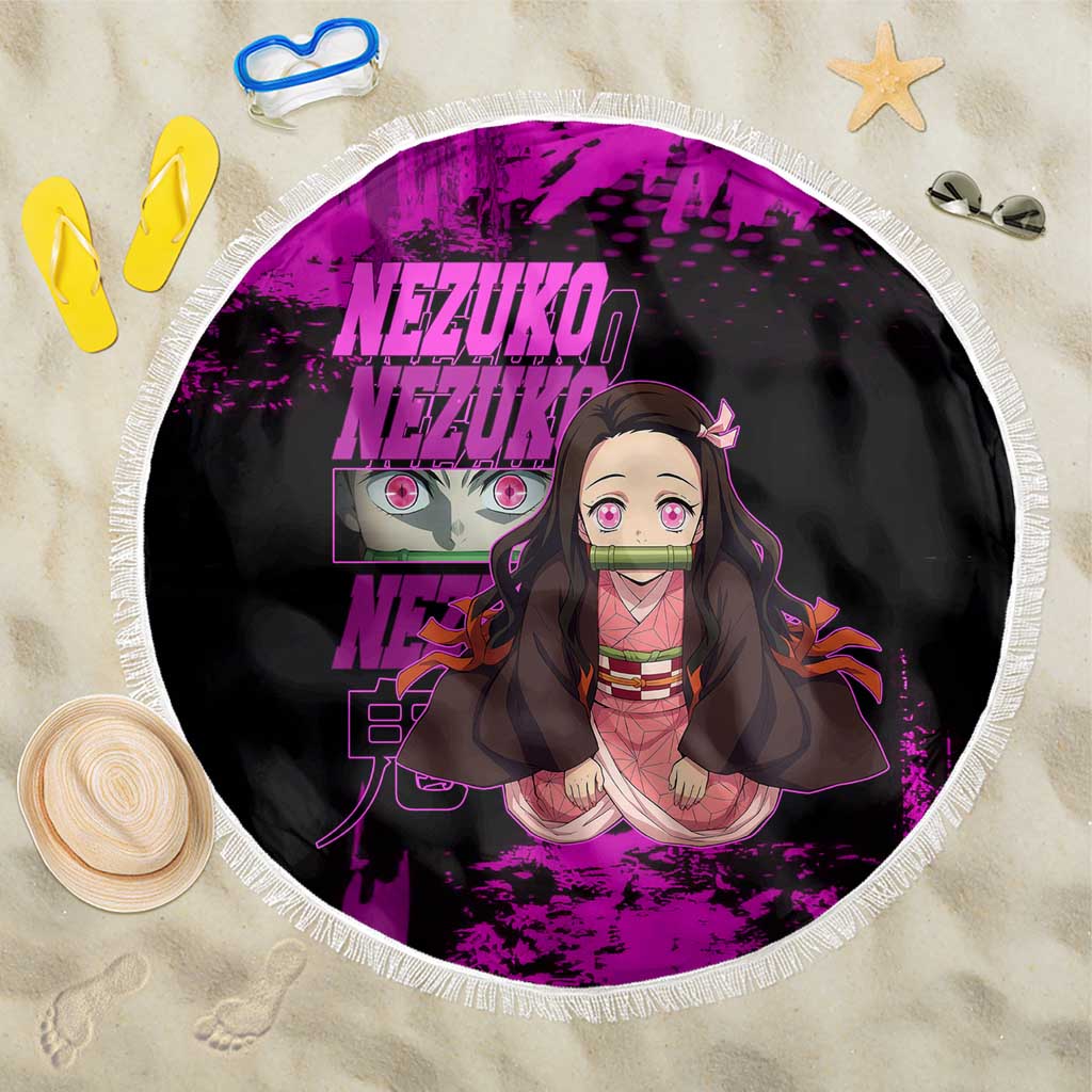 Nezuko Kamado Demon Slayer Pink Grunge Design Beach Blanket with Fierce Eyes and Cute Sitting Pose - The Mazicc