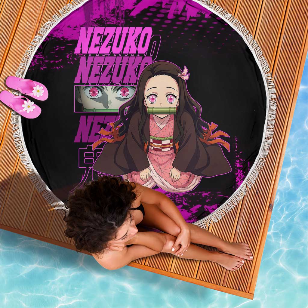 Nezuko Kamado Demon Slayer Pink Grunge Design Beach Blanket with Fierce Eyes and Cute Sitting Pose - The Mazicc