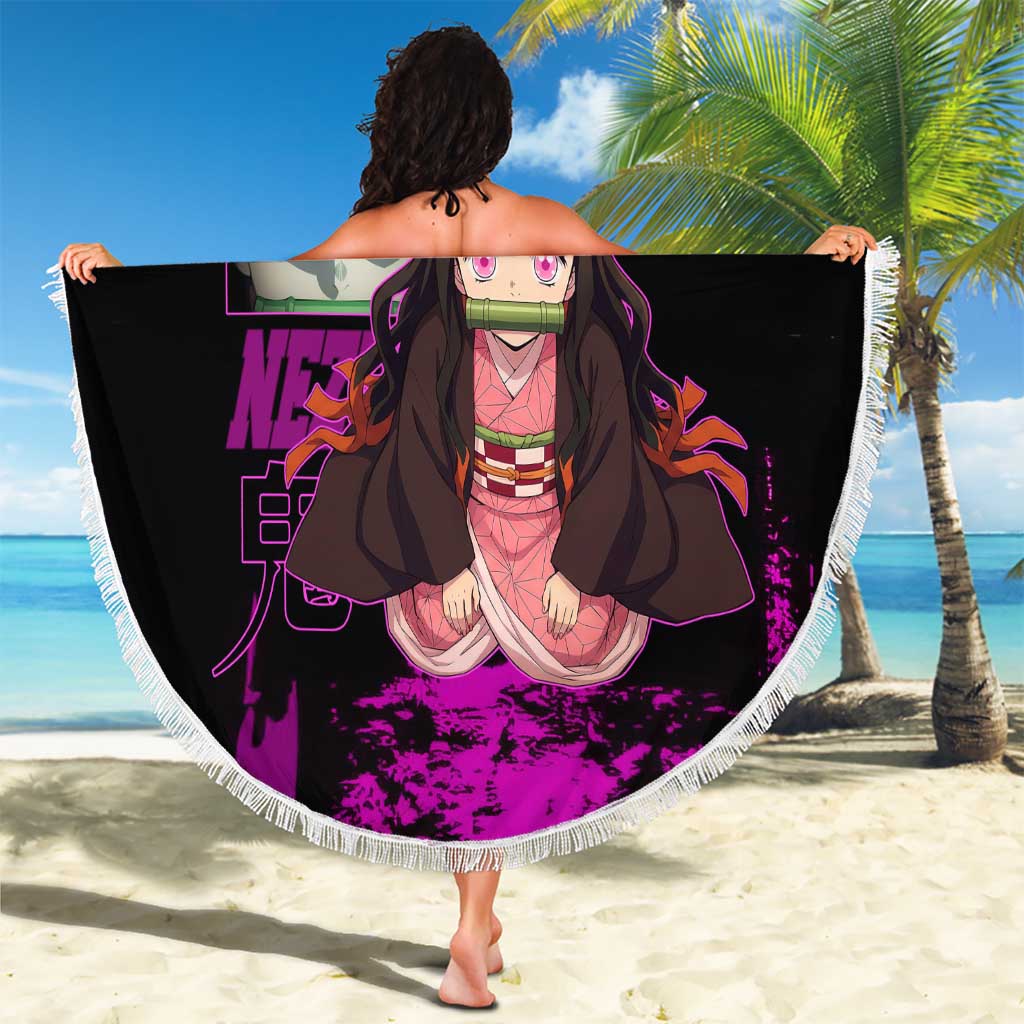 Nezuko Kamado Demon Slayer Pink Grunge Design Beach Blanket with Fierce Eyes and Cute Sitting Pose - The Mazicc
