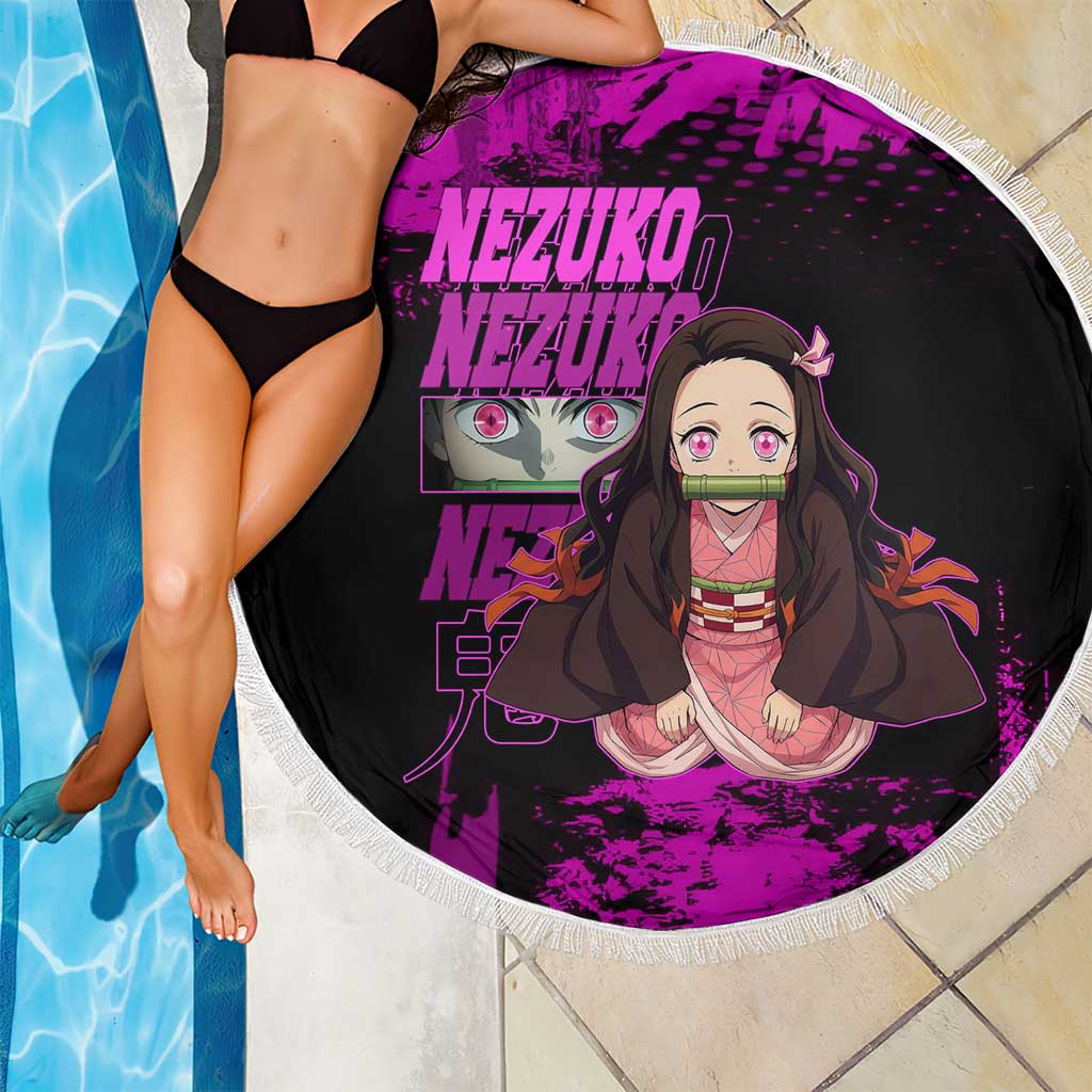 Nezuko Kamado Demon Slayer Pink Grunge Design Beach Blanket with Fierce Eyes and Cute Sitting Pose - The Mazicc