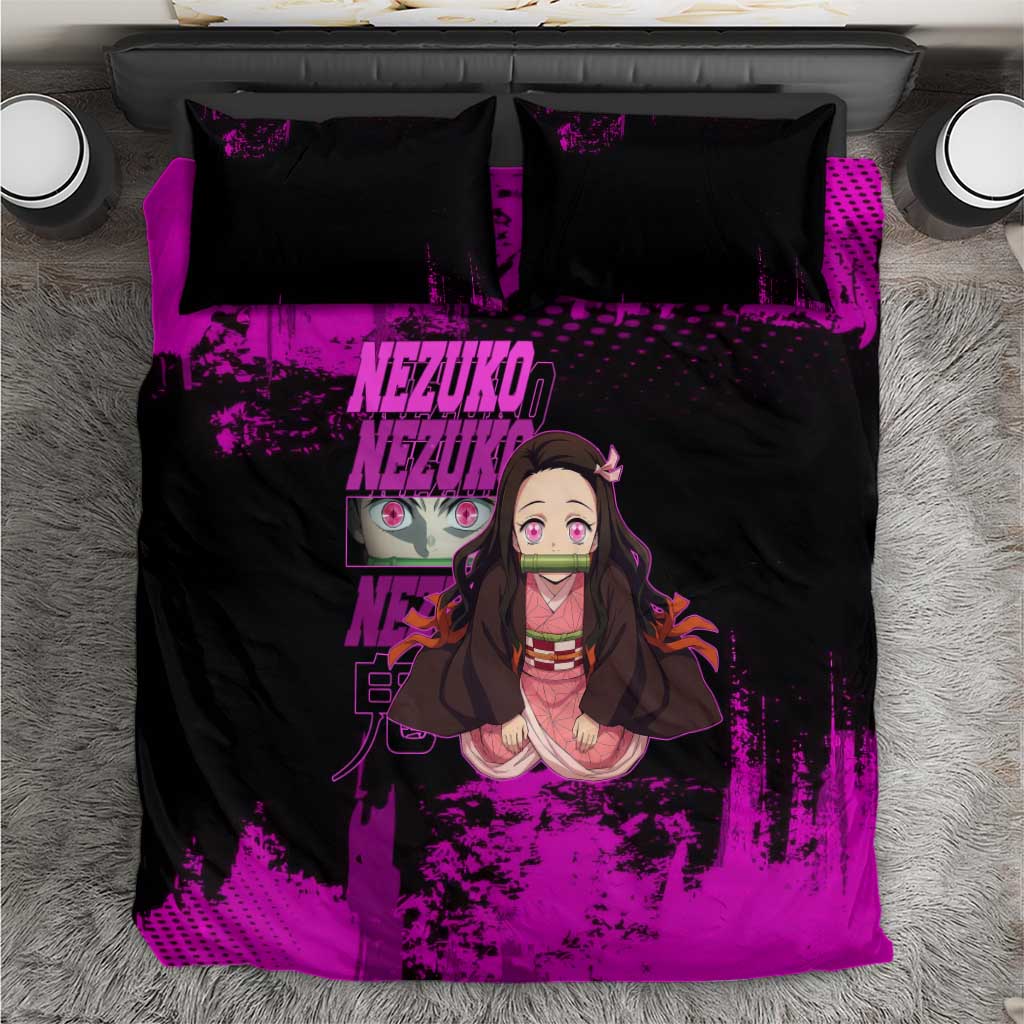 Nezuko Kamado Demon Slayer Pink Grunge Design Bedding Set with Fierce Eyes and Cute Sitting Pose - The Mazicc