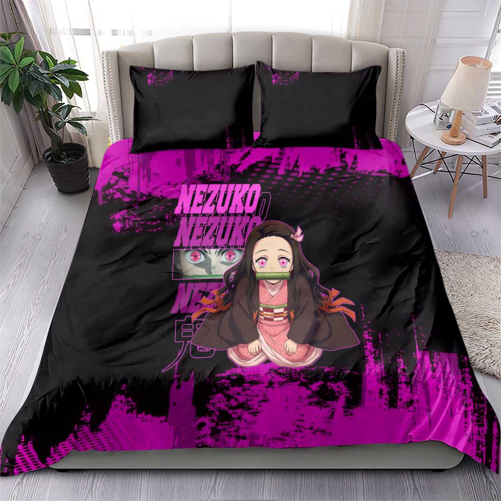 Nezuko Kamado Demon Slayer Pink Grunge Design Bedding Set with Fierce Eyes and Cute Sitting Pose - The Mazicc
