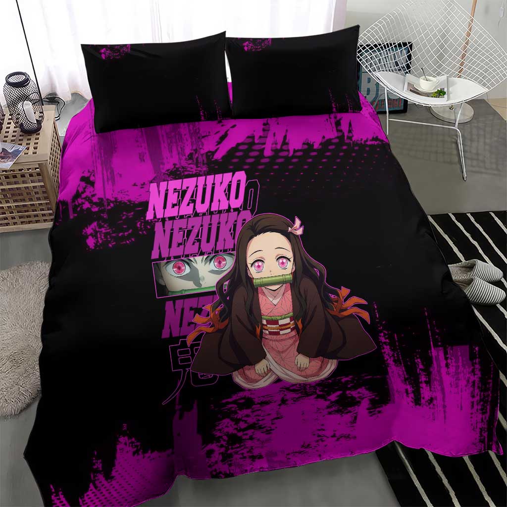 Nezuko Kamado Demon Slayer Pink Grunge Design Bedding Set with Fierce Eyes and Cute Sitting Pose - The Mazicc