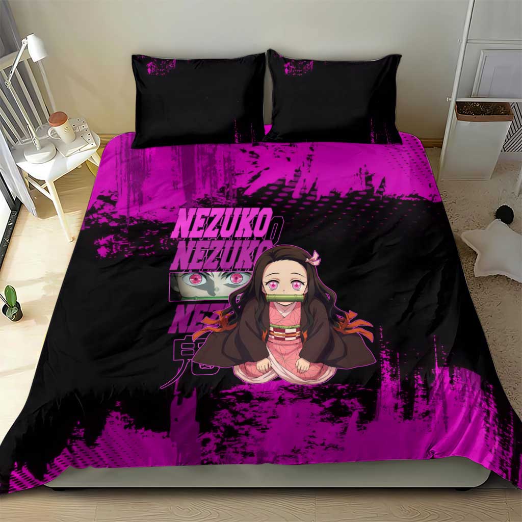 Nezuko Kamado Demon Slayer Pink Grunge Design Bedding Set with Fierce Eyes and Cute Sitting Pose - The Mazicc