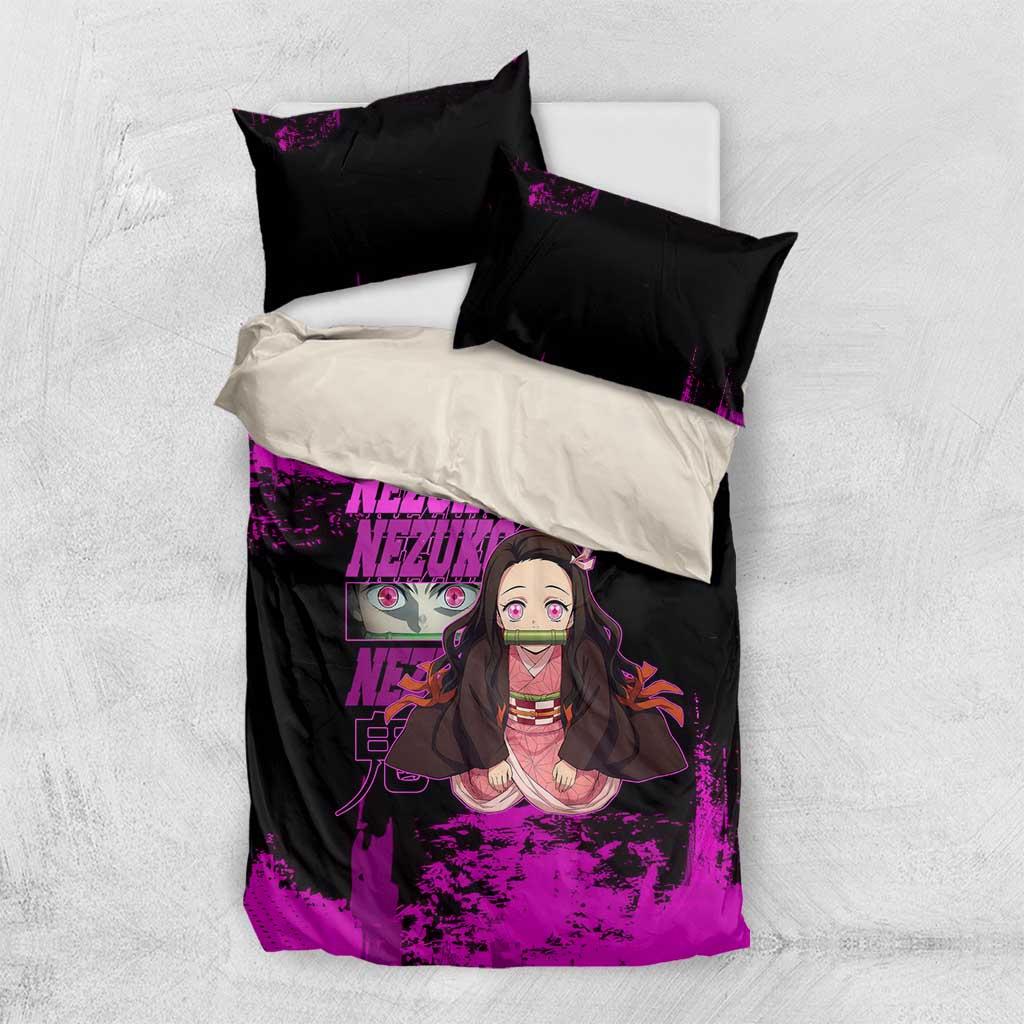 Nezuko Kamado Demon Slayer Pink Grunge Design Bedding Set with Fierce Eyes and Cute Sitting Pose - The Mazicc