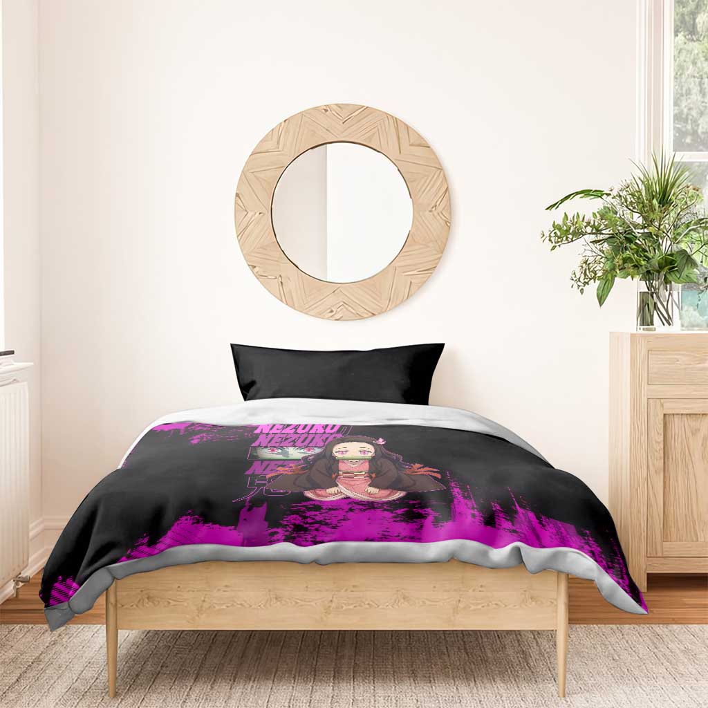 Nezuko Kamado Demon Slayer Pink Grunge Design Bedding Set with Fierce Eyes and Cute Sitting Pose - The Mazicc