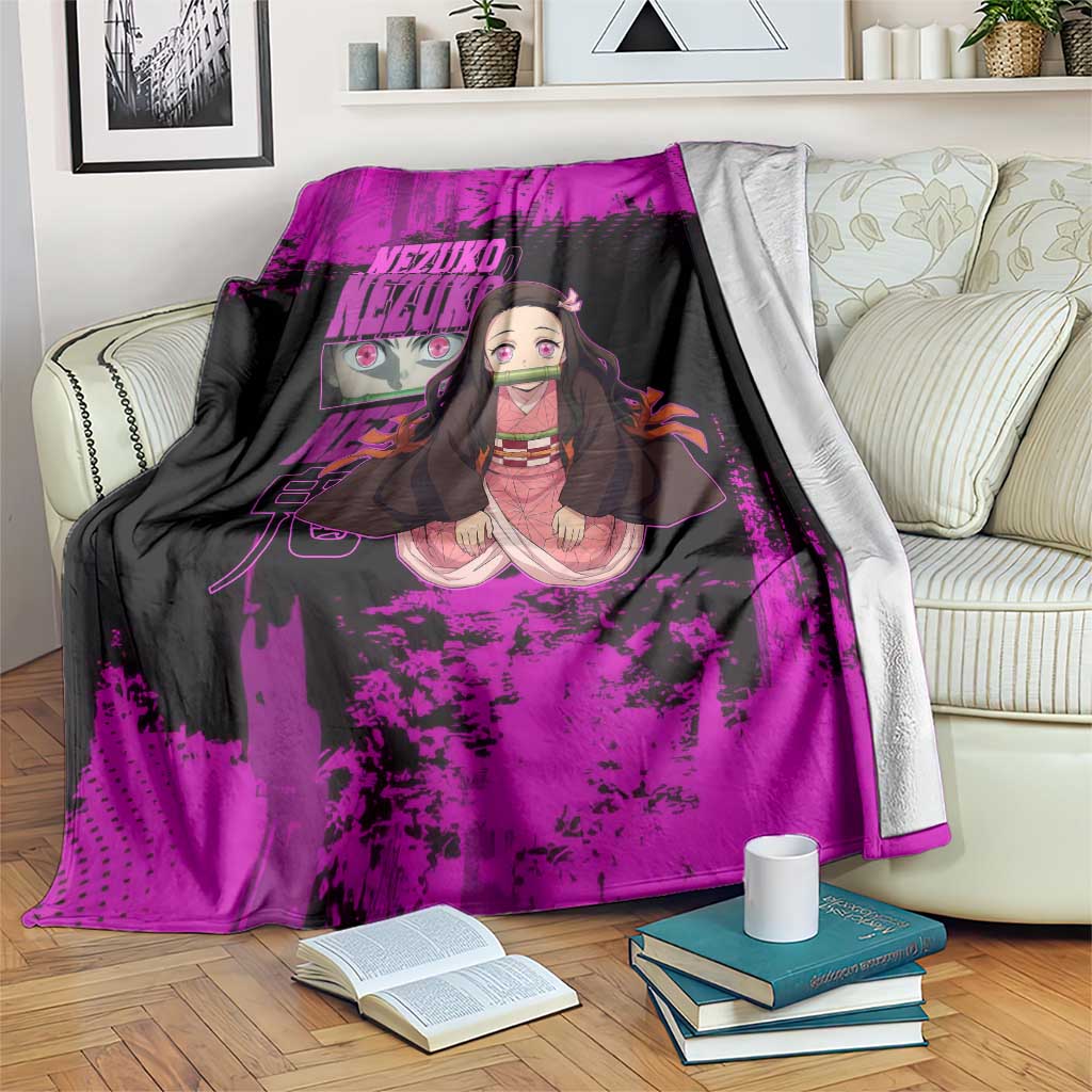 Nezuko Kamado Demon Slayer Pink Grunge Design Blanket with Fierce Eyes and Cute Sitting Pose - The Mazicc