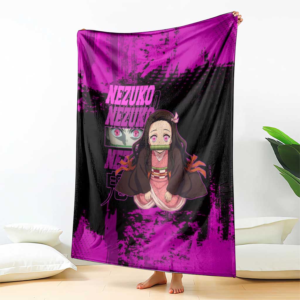 Nezuko Kamado Demon Slayer Pink Grunge Design Blanket with Fierce Eyes and Cute Sitting Pose - The Mazicc