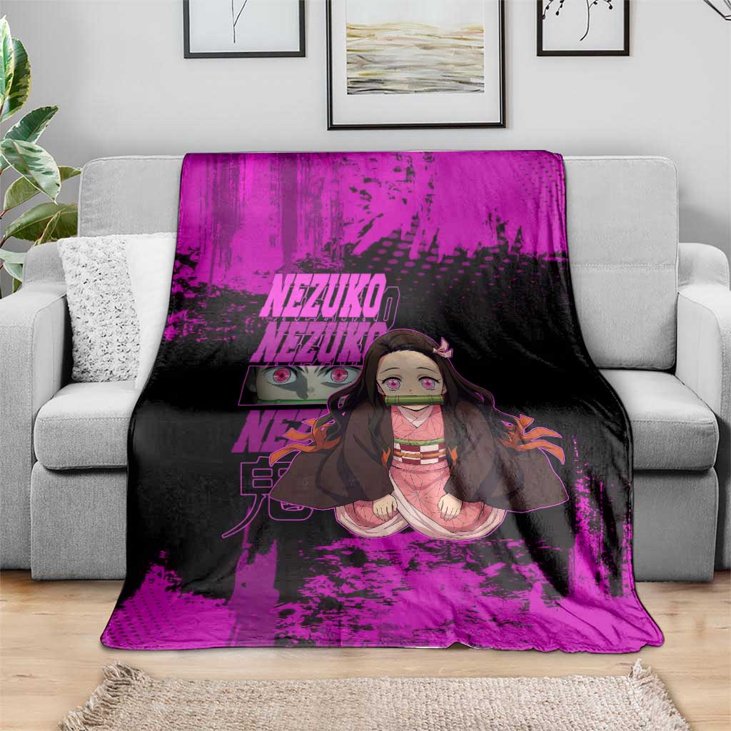 Nezuko Kamado Demon Slayer Pink Grunge Design Blanket with Fierce Eyes and Cute Sitting Pose - The Mazicc