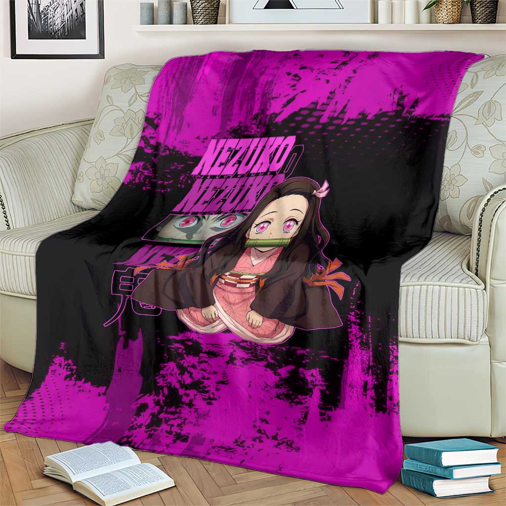 Nezuko Kamado Demon Slayer Pink Grunge Design Blanket with Fierce Eyes and Cute Sitting Pose - The Mazicc