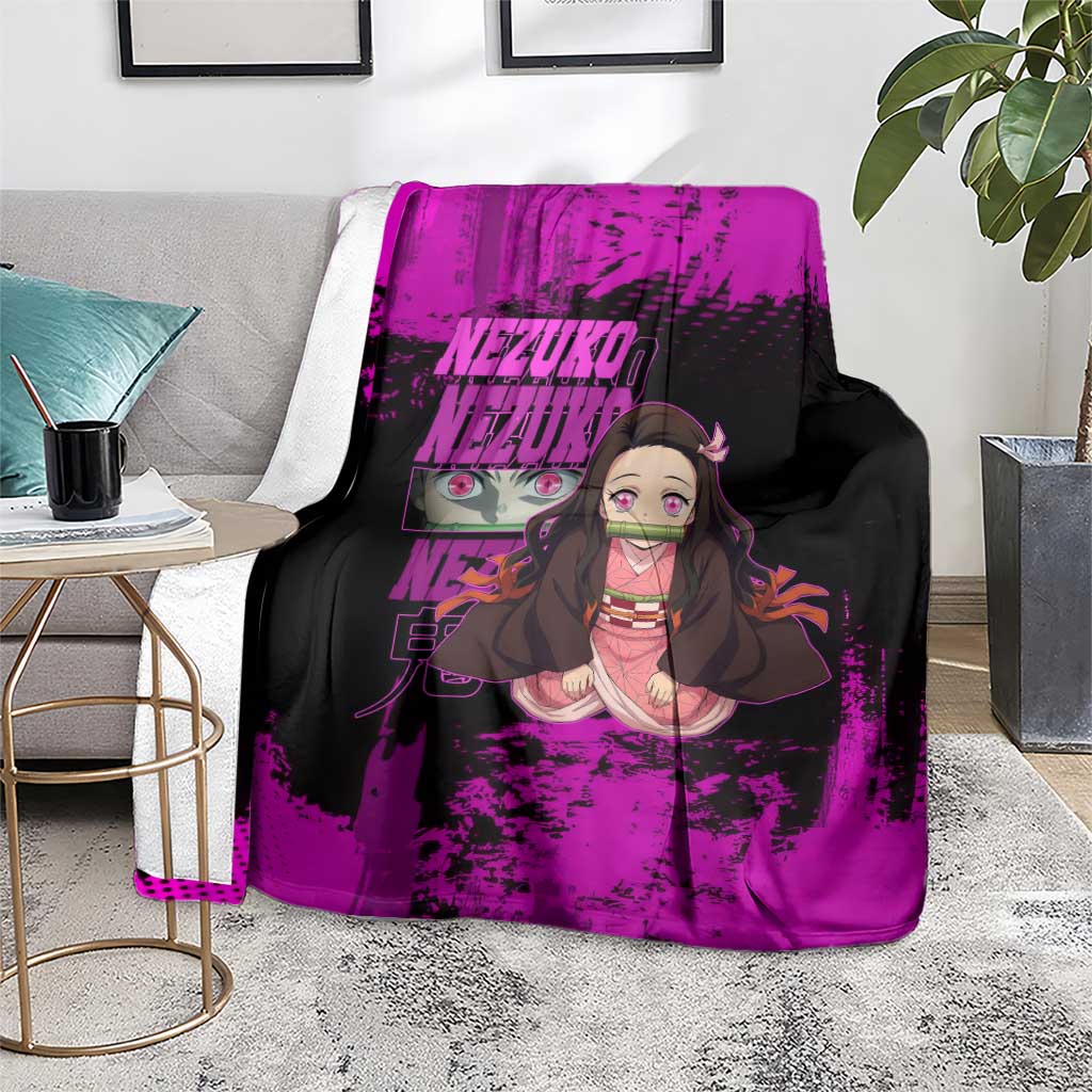 Nezuko Kamado Demon Slayer Pink Grunge Design Blanket with Fierce Eyes and Cute Sitting Pose - The Mazicc