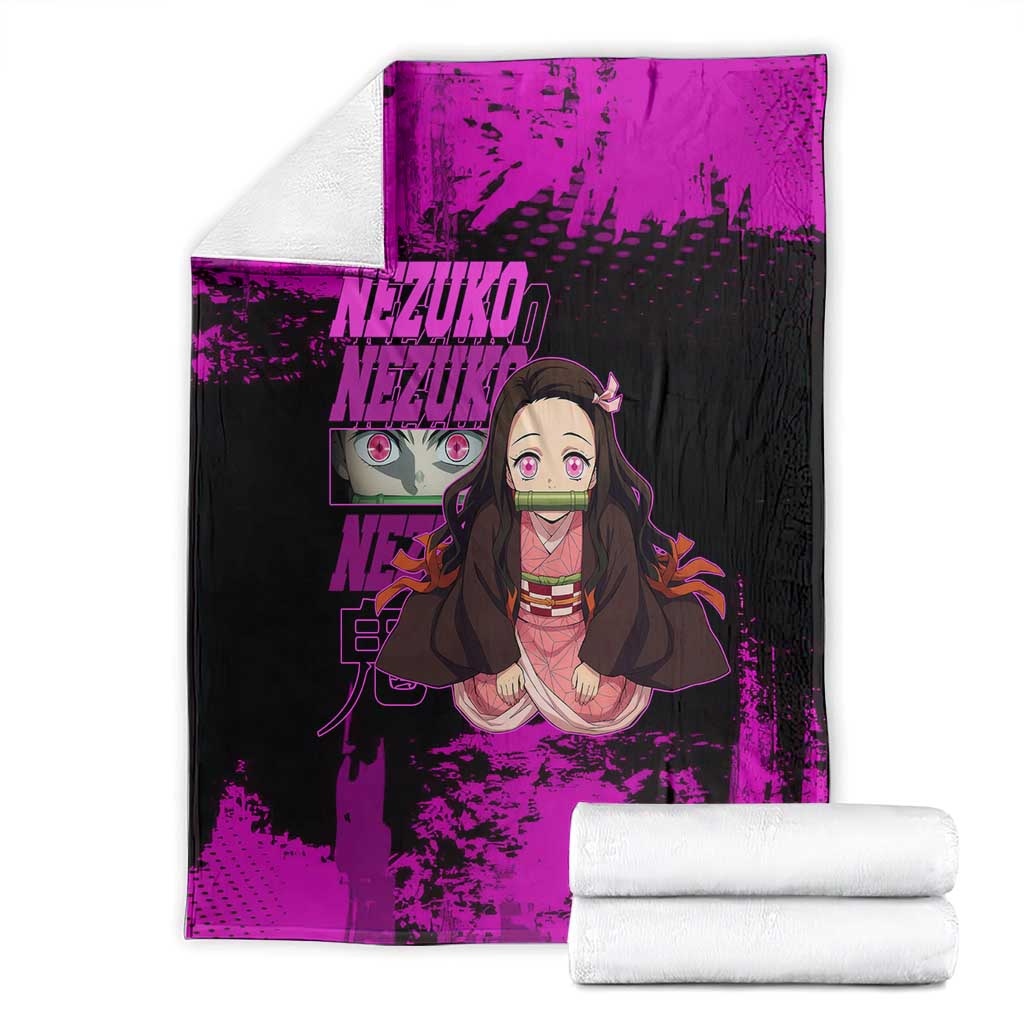 Nezuko Kamado Demon Slayer Pink Grunge Design Blanket with Fierce Eyes and Cute Sitting Pose - The Mazicc