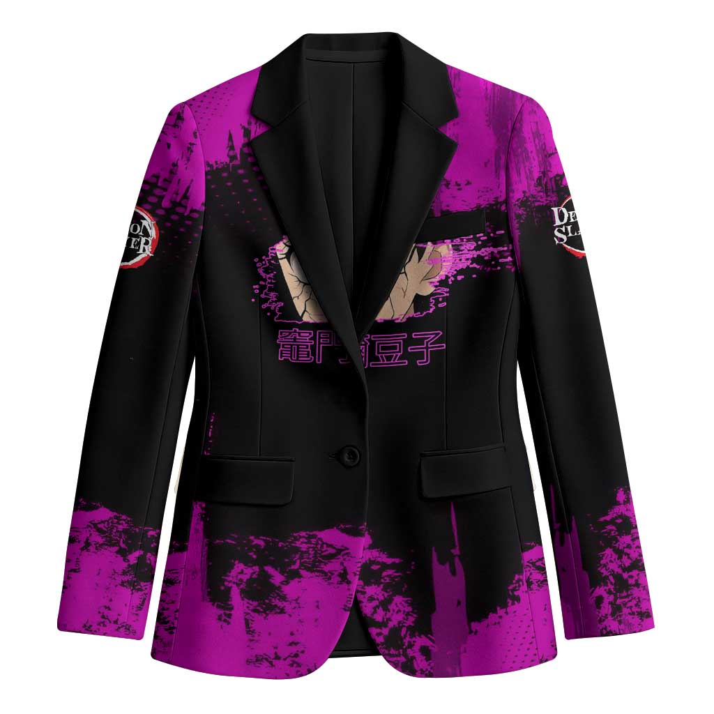 Nezuko Kamado Demon Slayer Pink Grunge Design Blazer with Fierce Eyes and Cute Sitting Pose - The Mazicc