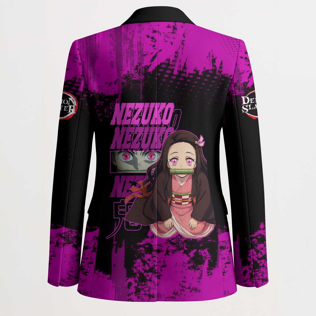 Nezuko Kamado Demon Slayer Pink Grunge Design Blazer with Fierce Eyes and Cute Sitting Pose - The Mazicc