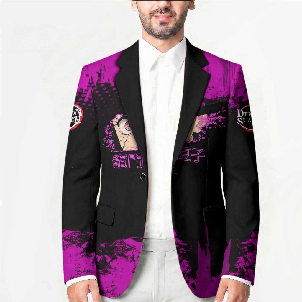 Nezuko Kamado Demon Slayer Pink Grunge Design Blazer with Fierce Eyes and Cute Sitting Pose - The Mazicc