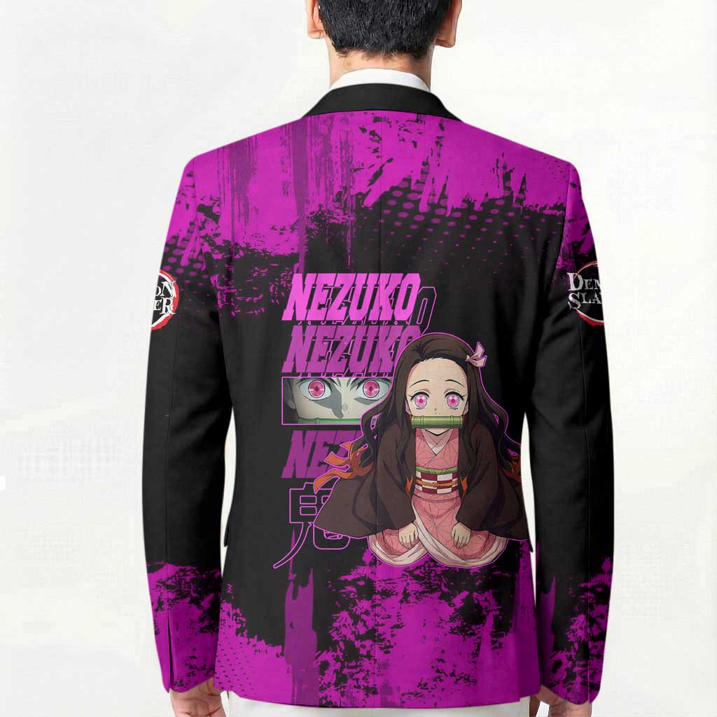 Nezuko Kamado Demon Slayer Pink Grunge Design Blazer with Fierce Eyes and Cute Sitting Pose - The Mazicc