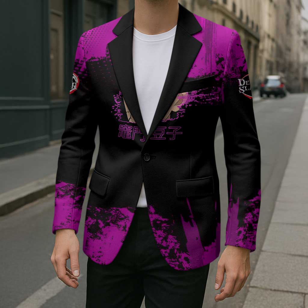 Nezuko Kamado Demon Slayer Pink Grunge Design Blazer with Fierce Eyes and Cute Sitting Pose - The Mazicc