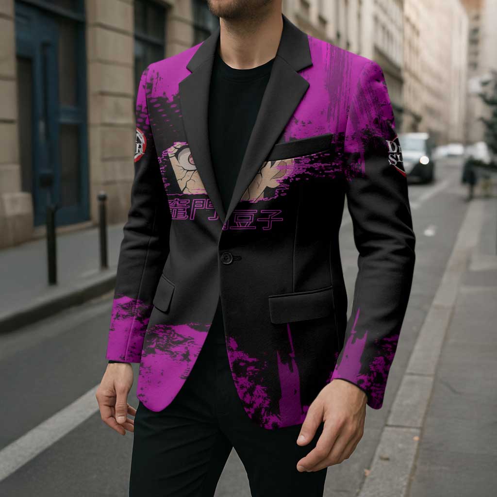 Nezuko Kamado Demon Slayer Pink Grunge Design Blazer with Fierce Eyes and Cute Sitting Pose - The Mazicc