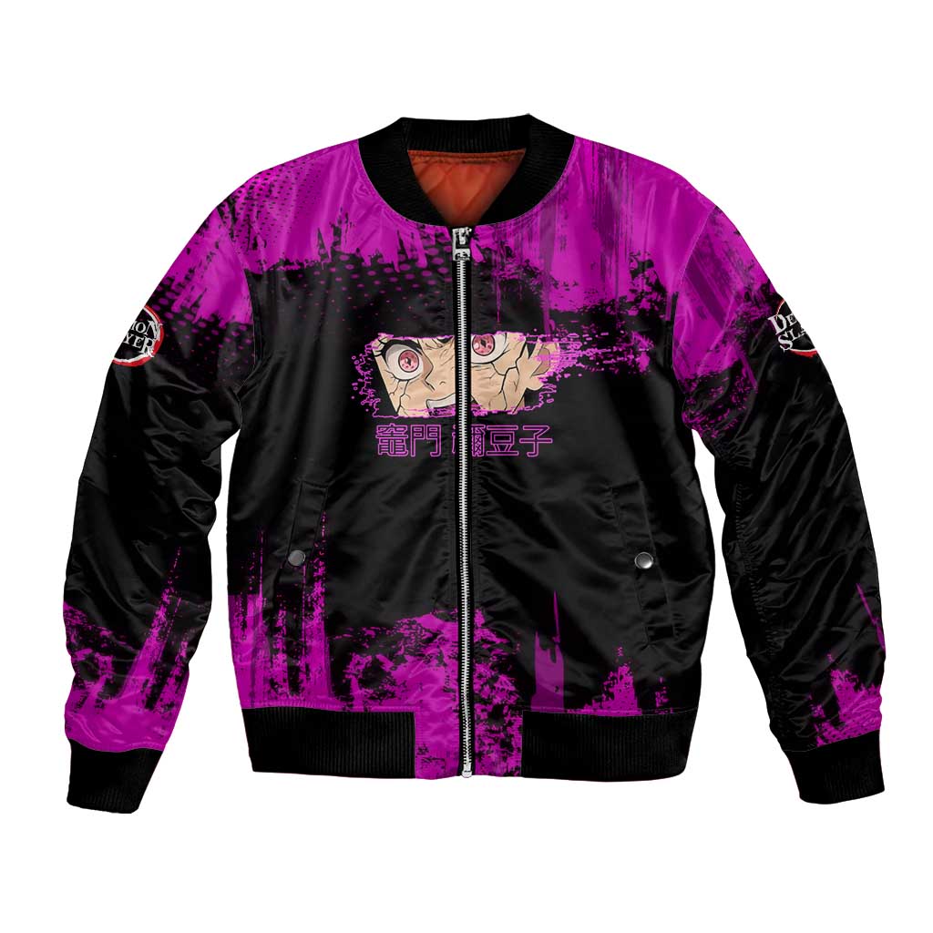 Nezuko Kamado Demon Slayer Pink Grunge Design Bomber Jacket with Fierce Eyes and Cute Sitting Pose - The Mazicc