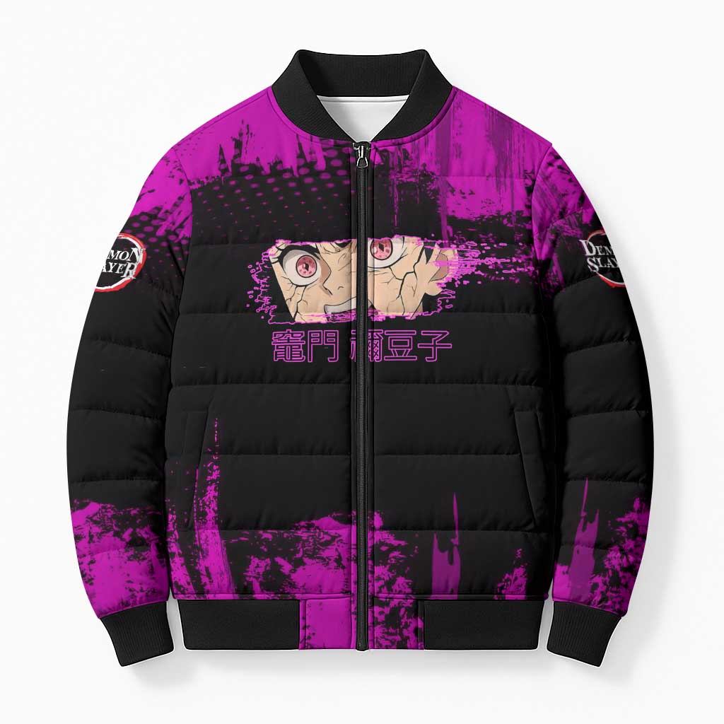 Nezuko Kamado Demon Slayer Pink Grunge Design Bomber Puffer Jacket with Fierce Eyes and Cute Sitting Pose - The Mazicc