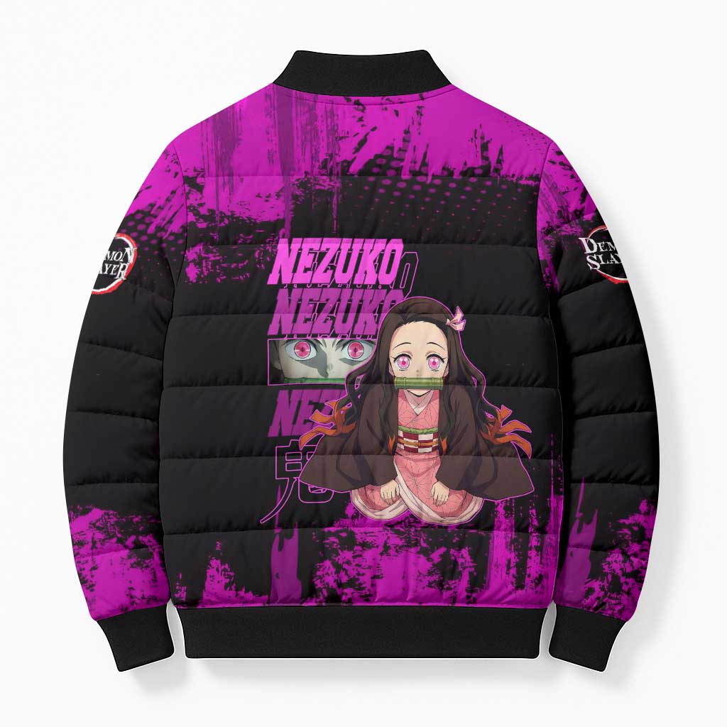 Nezuko Kamado Demon Slayer Pink Grunge Design Bomber Puffer Jacket with Fierce Eyes and Cute Sitting Pose - The Mazicc