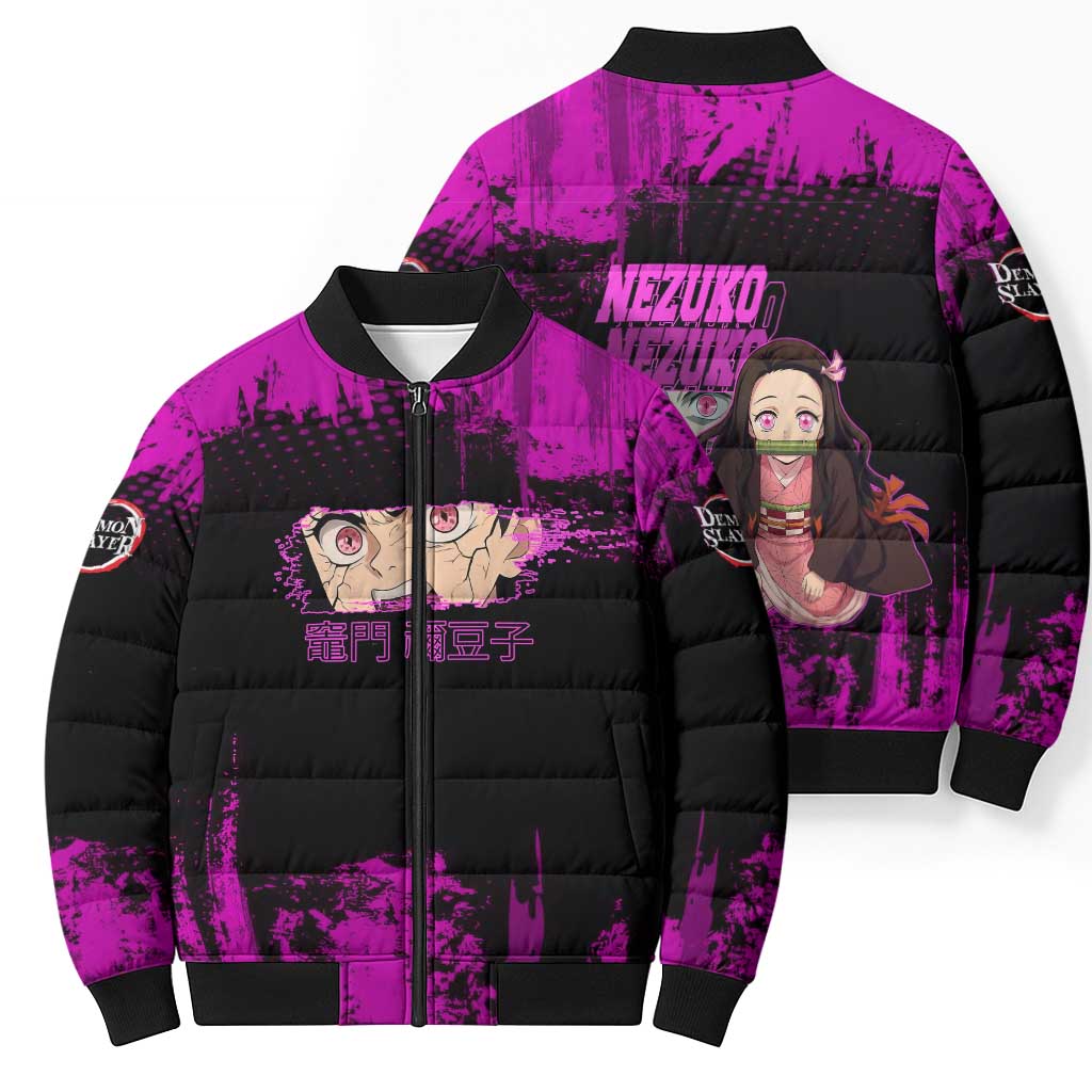 Nezuko Kamado Demon Slayer Pink Grunge Design Bomber Puffer Jacket with Fierce Eyes and Cute Sitting Pose - The Mazicc